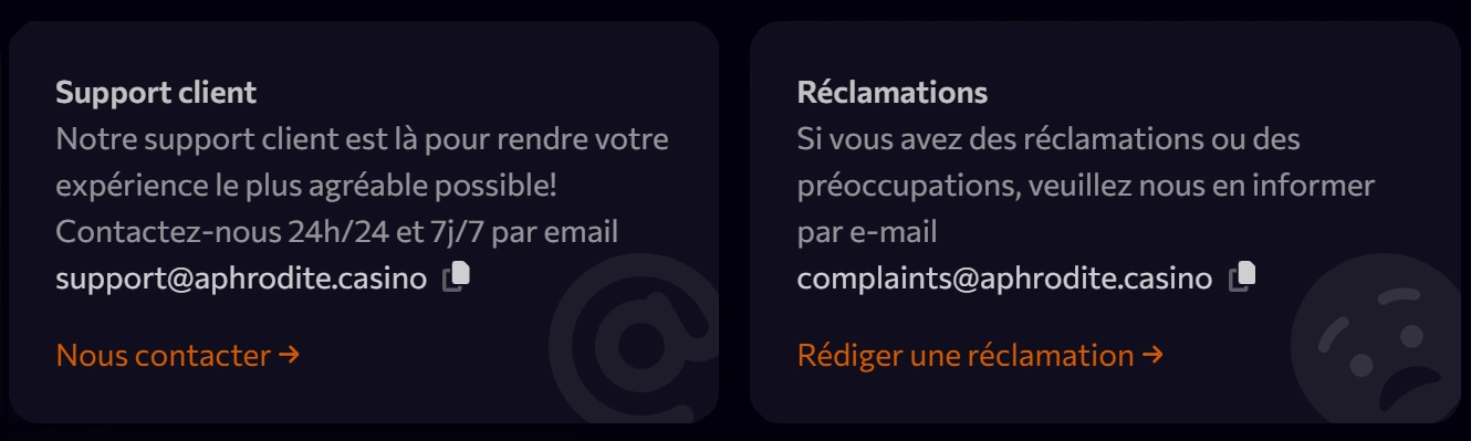 Support Client chez Aphrodite Casino
